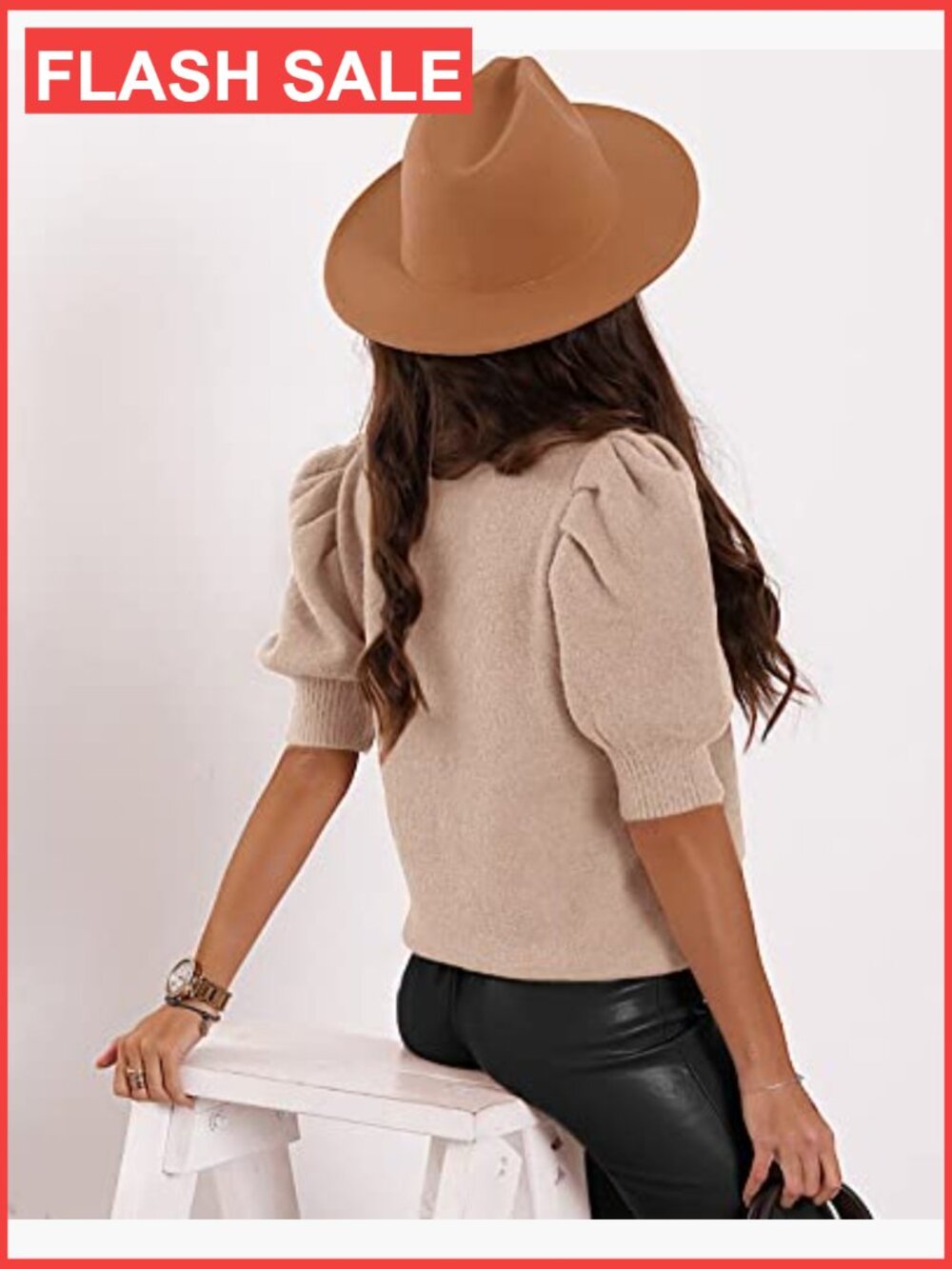 V-Neck Puff Short Sleeve Knit Pullover Sweater Blouse Casual Top - Picture 2 of 6